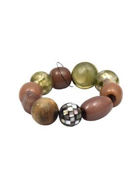 Chicos Olivia Stretch Bracelet Earth Tone Resin Wood Shell Boho Beads